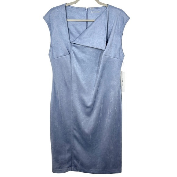 Calvin Klein Dresses & Skirts - Calvin Klein Sleeveless Sheath Dress Blue Faux Suede Draped Front Size 12 Career
